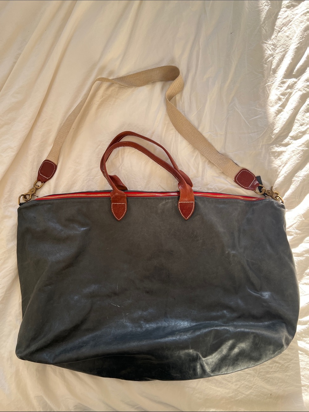 Clare C Leather Travel Tote - Navy with Brown Trim
